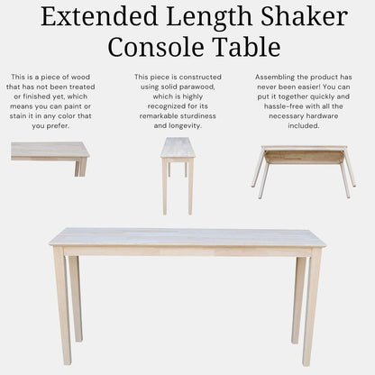 International Concepts Shaker Console Table, 60-Inch Long, Solid Parawood, Unfinished