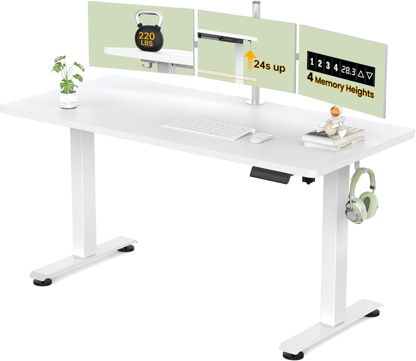 55 Inch Large Electric Standing Desk,Sit to Stand Up, Heights Adjustable, Work Home Office Computer Table for Study, Walking Pad, Writing, and Games, Wooden Desktop Desks, White
