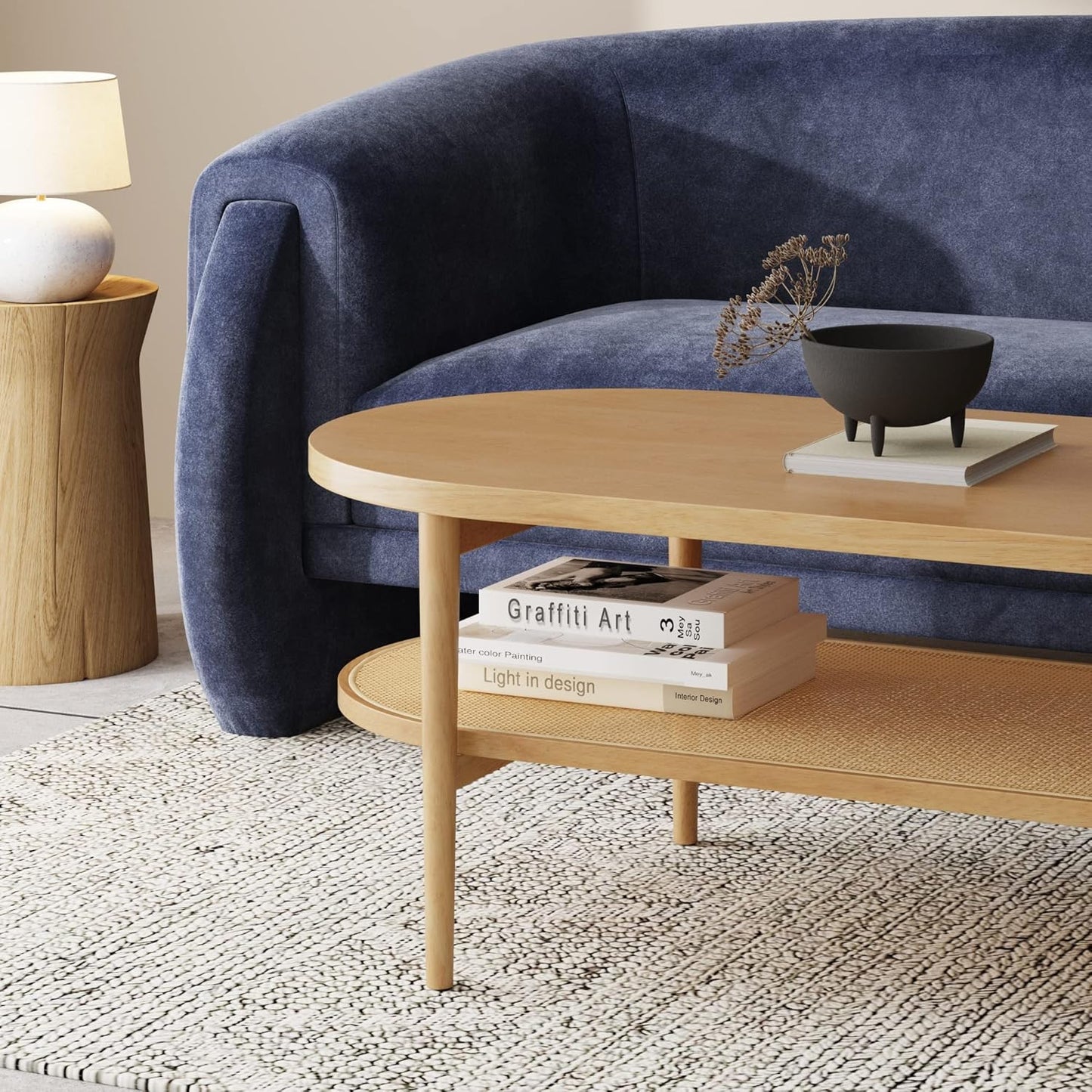 Sonia Coffee Table with Storage Shelf, Light Wood/Rattan