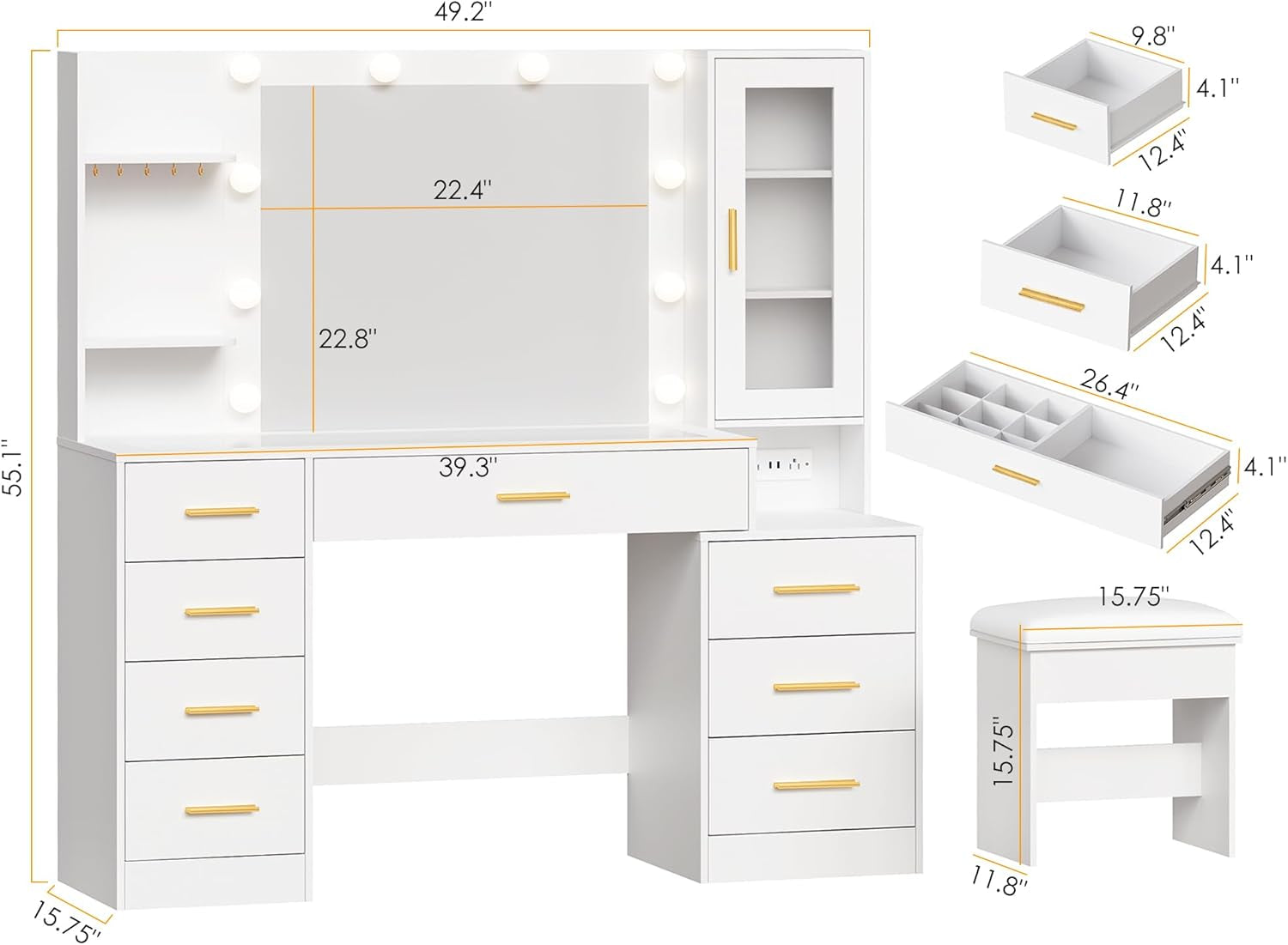 49.2" Large Vanity Desk with Mirror and Lights White Makeup Vanity Desk with Glass Top and Power Outlet 8 Drawers Nightstand 5 Hooks Vanity Table with Stool for Bedroom Women Girls UBDT88W