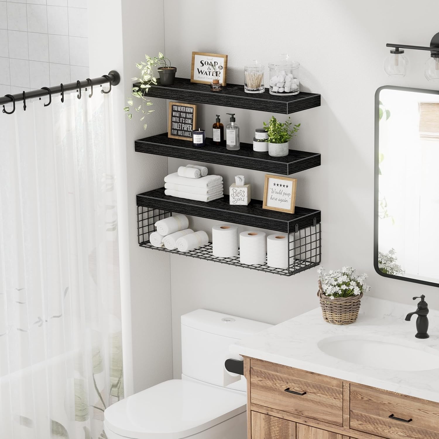 Bathroom Shelves 24 Inches Long - Floating Shelf for Wall over Toilet Paper Storage Basket Farmhouse Set of 3, Black (019-60B3)