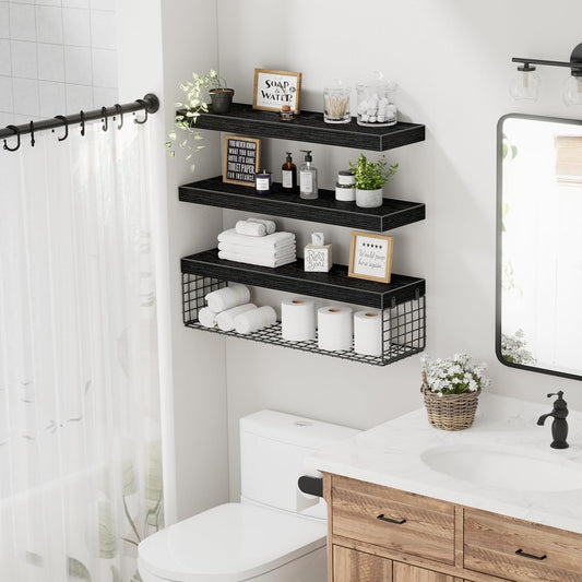 Bathroom Shelves 24 Inches Long - Floating Shelf for Wall over Toilet Paper Storage Basket Farmhouse Set of 3, Black (019-60B3)