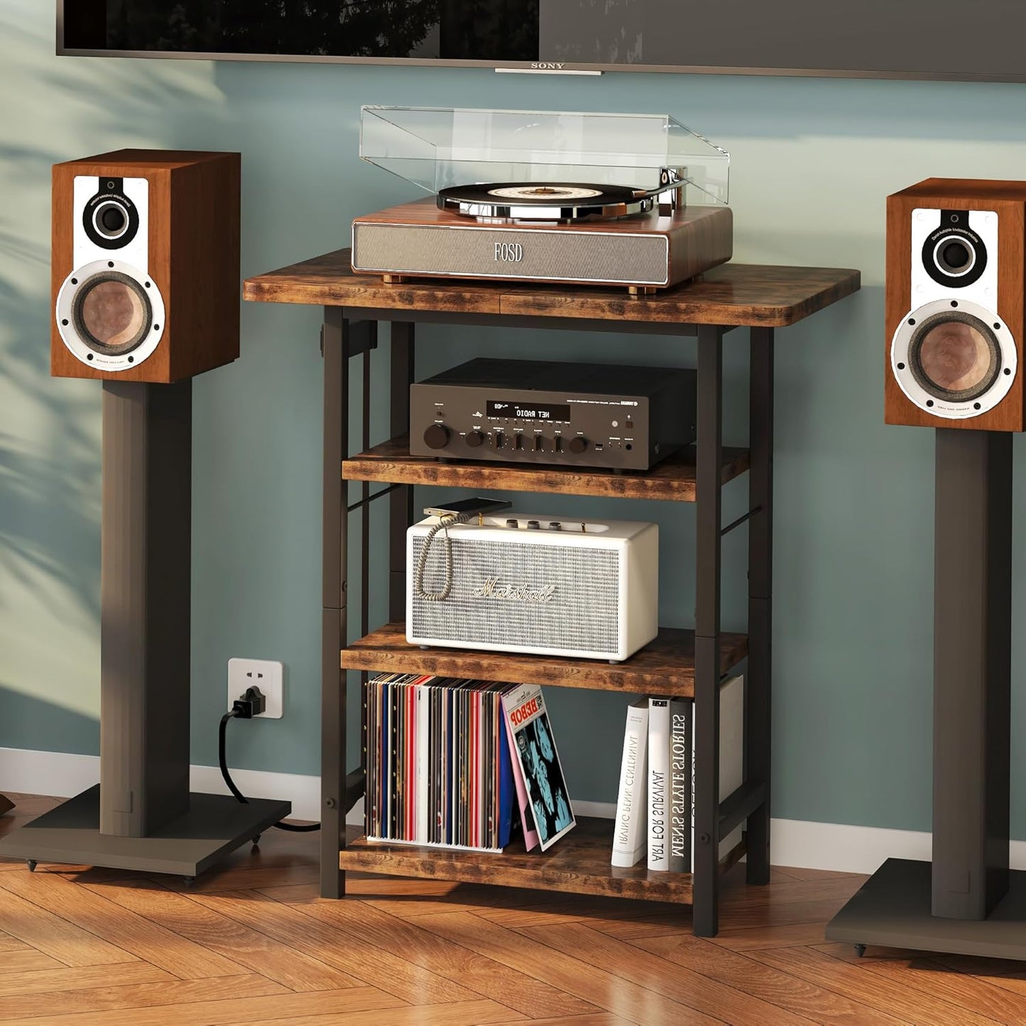 4-Tier AV Media Stand with Power Outlet, Wooden Record Player Stand, Entertainment Center with Storage Shelves, Stereo Stand DVD Stand for Bedroom, Living Room, Brown
