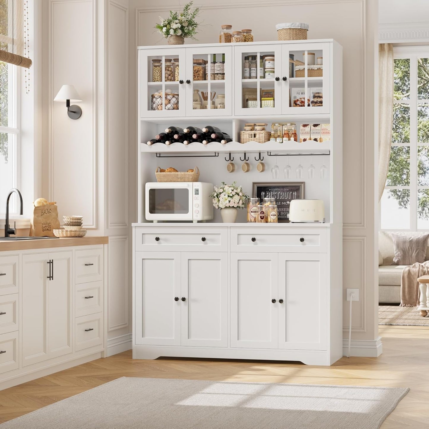 75.4" Tall Kitchen Pantry Cabinet with Charging Station, Modern White Kitchen Hutch with Microwave Stand and Wine Racks, Large Food Pantry Storage Cabinet with Glass Doors and Drawers, White