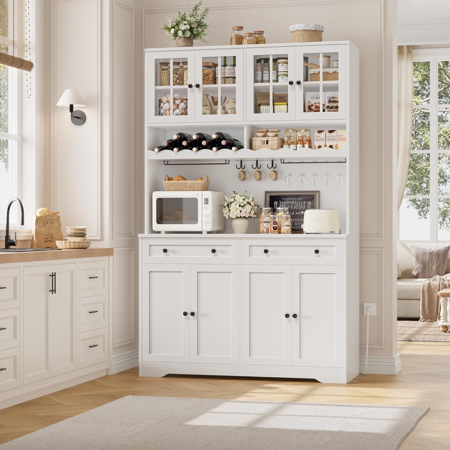 75.4" Tall Kitchen Pantry Cabinet with Charging Station, Modern White Kitchen Hutch with Microwave Stand and Wine Racks, Large Food Pantry Storage Cabinet with Glass Doors and Drawers, White