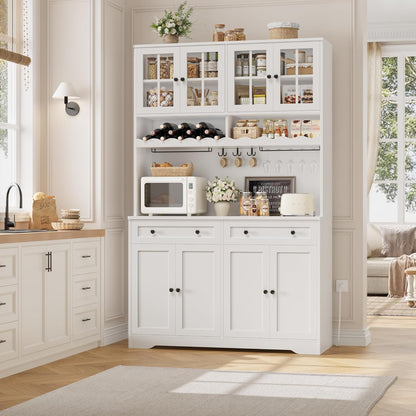 75.4" Tall Kitchen Pantry Cabinet with Charging Station, Modern White Kitchen Hutch with Microwave Stand and Wine Racks, Large Food Pantry Storage Cabinet with Glass Doors and Drawers, White