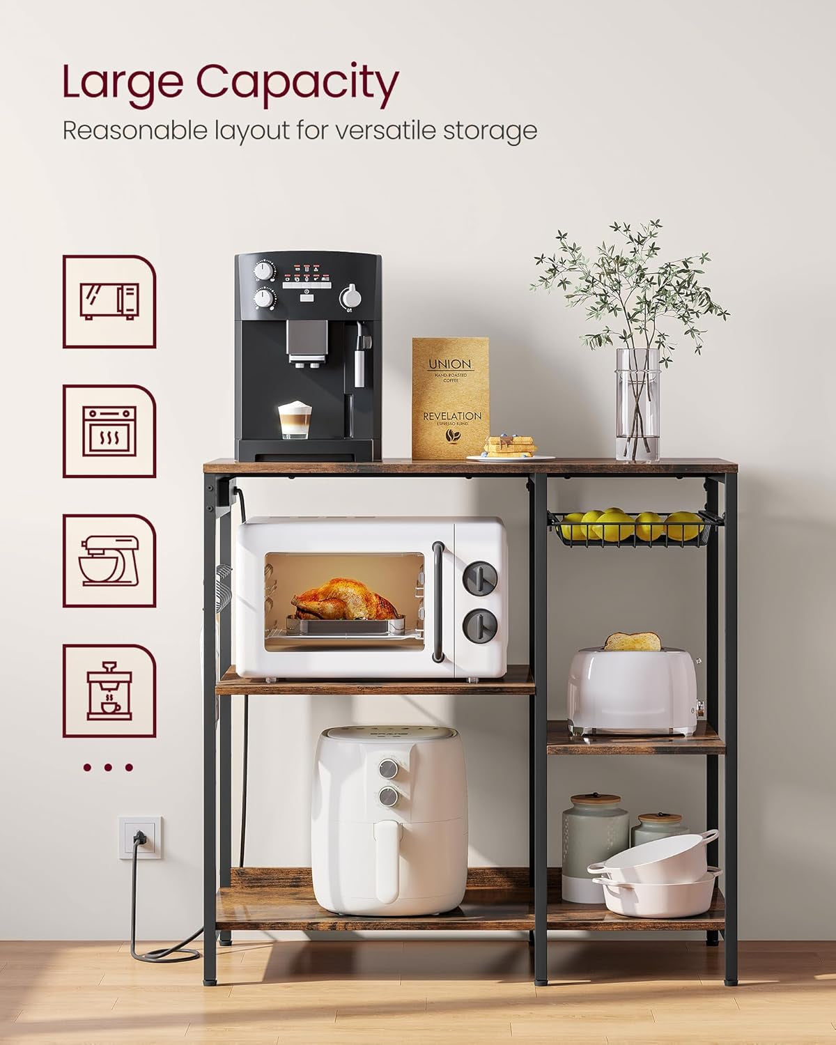 Baker'S Rack, Coffee Bar Stand with Charging Station, Storage Shelves, Pull-Out Wire Basket, Table for Microwave, Kitchen, Rustic Brown UKKS036K01, 15.7 X 35.4 X 35.6 Inches