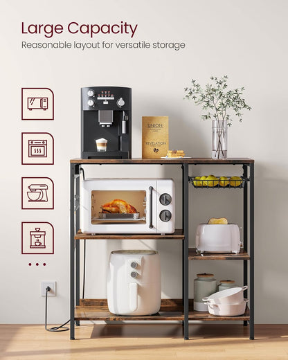 Baker'S Rack, Coffee Bar Stand with Charging Station, 35.6 Inches Tall, Storage Shelves, Pull-Out Wire Basket, Table for Microwave, Kitchen, Rustic Brown and Ink Black UKKS036K01