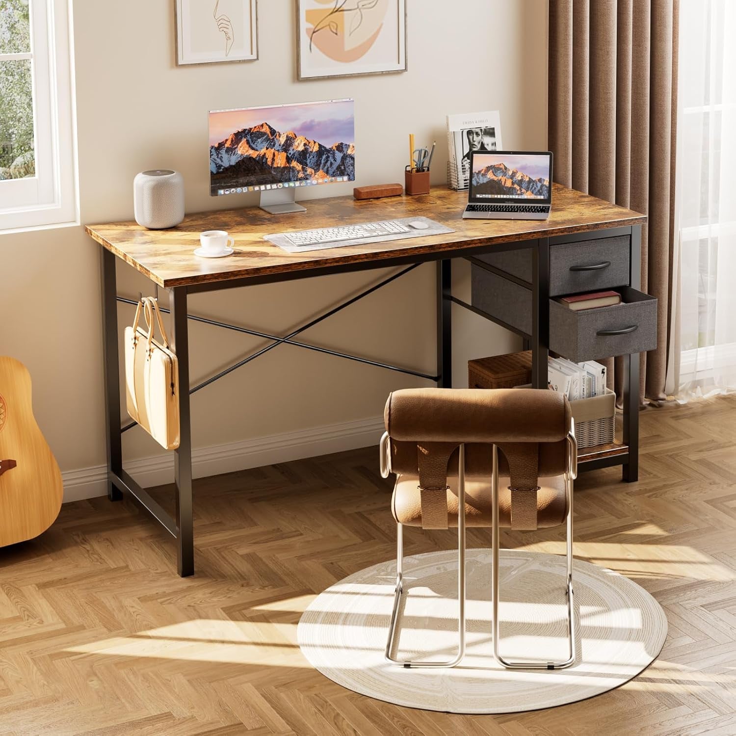 40 Inch Computer Desk with Drawers for Home Office, Writing Desk with X-Shaped Reinforcement, Wood Table with Adjustable Position Drawers, Modern Study Work Table with Side Hook, Rust