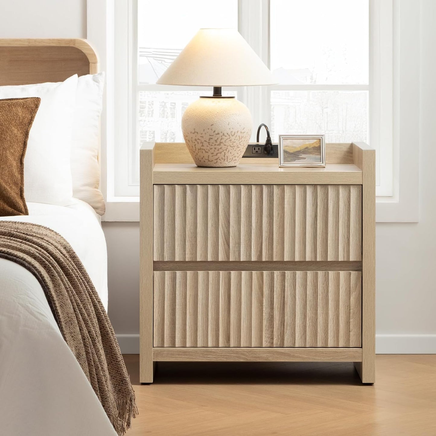 Fluted Night Stand Set 2 - Nightstands with Charger Station, Large Modern Bedside Table End Table with 2 Drawers, 25" Wide Farmhouse Nightstand for Bedroom (Light Oak, 2 Pieces)