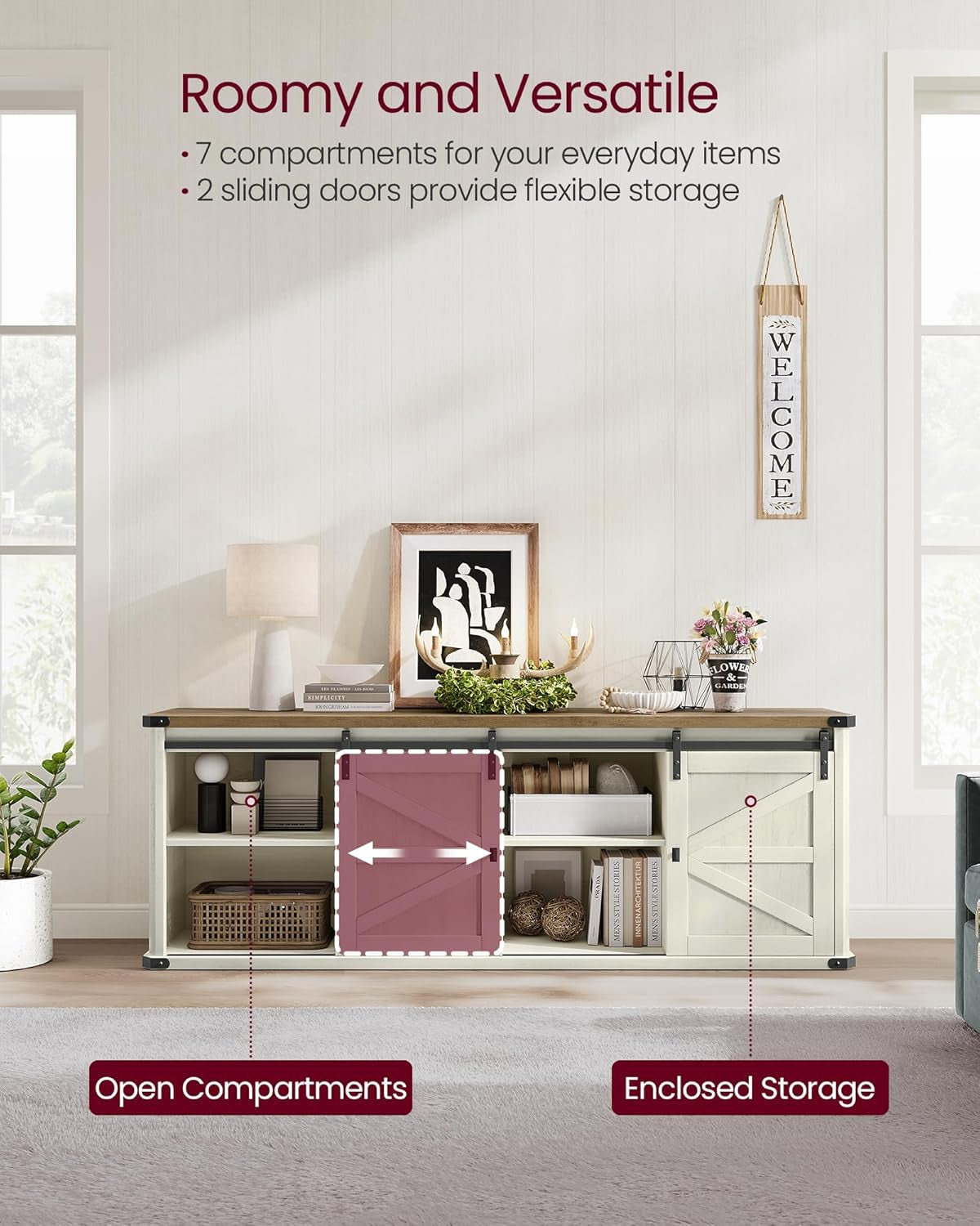 TV Stand for Tvs up to 75 Inches, Farmhouse Entertainment Center with Sliding Barn Doors, TV Console Table for Living Room, Rustic White and Honey Brown ULTV325W73