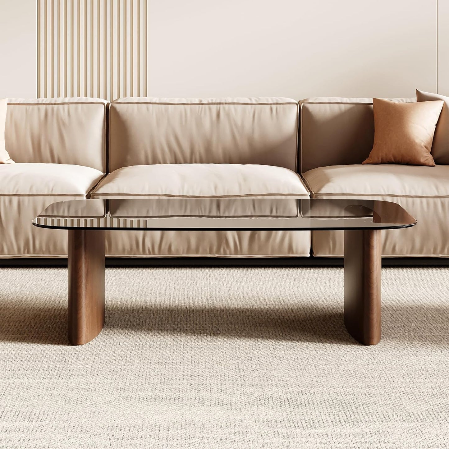 Modern Glass Coffee Table, Coffee Table for Living Room,Tempered Glass-Top with Sturdy Wooden Base, Modern Coffee Tables for Small Space, Apartment, Office, Minimalist Design (Walnut)