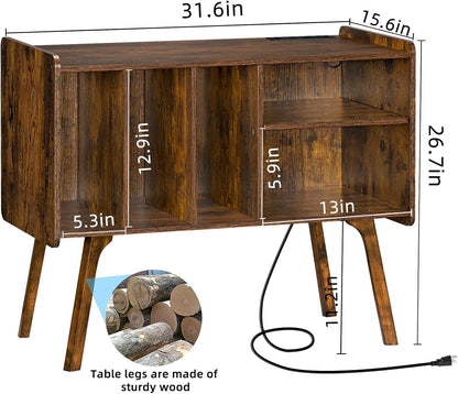 Record Player Stand with Charging Station Holds up to 220 Albums, Brown Turntable Stand with 4 Cabinet, Large Mid-Century Record Player Table,Vinyl Holder Storage for Bedroom Living Room