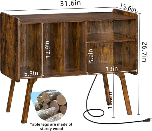 Record Player Stand with Charging Station Holds up to 220 Albums, Brown Turntable Stand with 4 Cabinet, Large Mid-Century Record Player Table,Vinyl Holder Storage for Bedroom Living Room