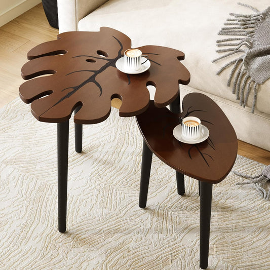 Monstera Leaf Nesting Tables Set of 2, Small Side Tables F Set with Leaf Vein Pattern, Modern Wooden Coffeetables for Living Room Bedroom Apartment Balcony Yard