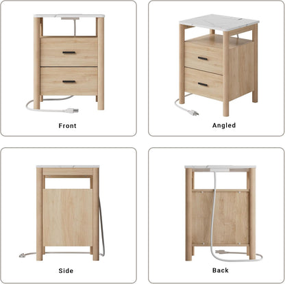Night Stand Set 2, 20" Wide Nightstands Set of 2, Nightstand with Charging Station & Faux Marble Top, 2 Drawer End Table with Solid round Post Legs, Bedside Table for Bedroom, Natural Oak