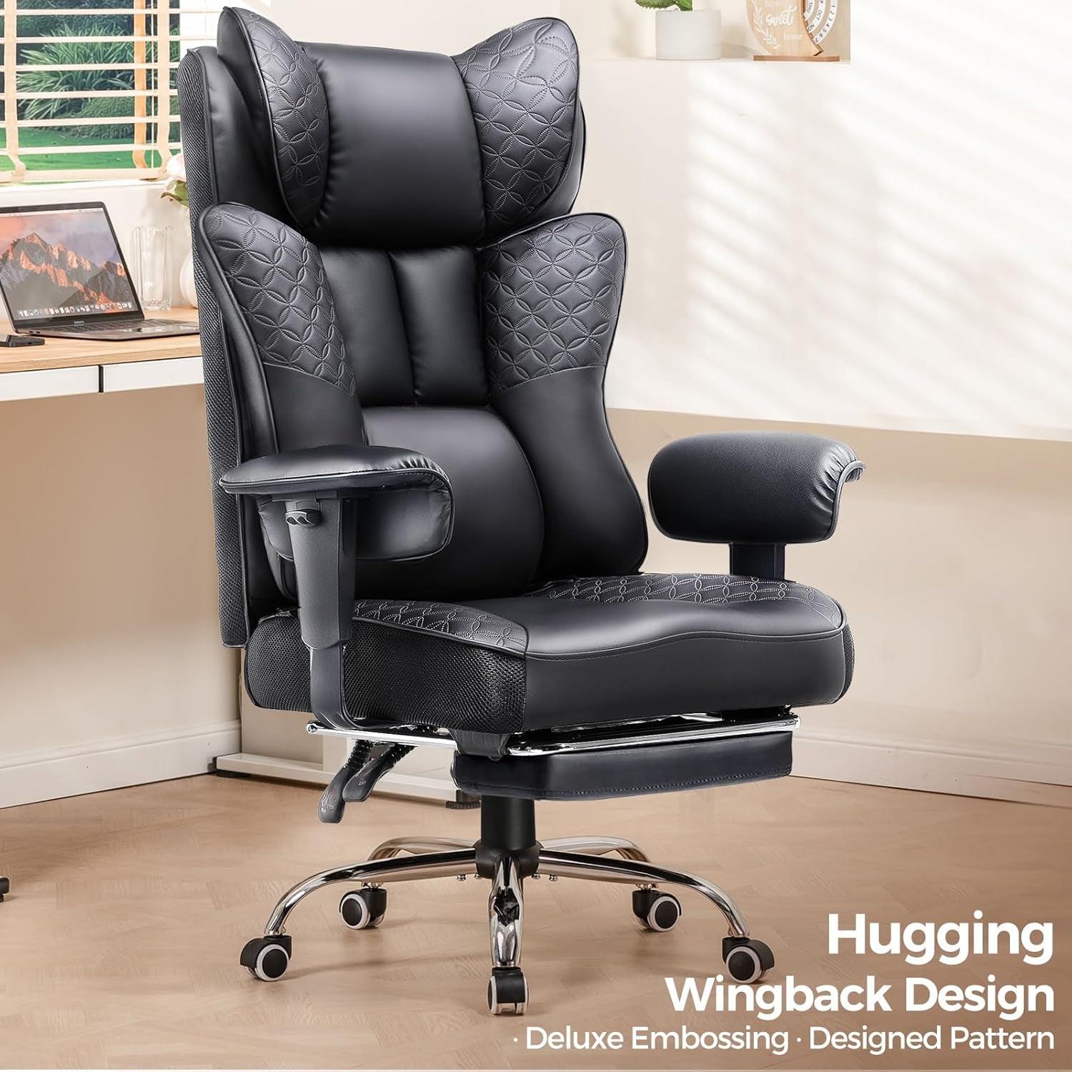 Big and Tall Office Chair 400LBS Wide Ergonomic Gaming Chair with Deluxe Embossing Designed Leather with Foot Rest,150°Reclining Adjustable Soft Armrests Pocket Spring Back Support and Pillow
