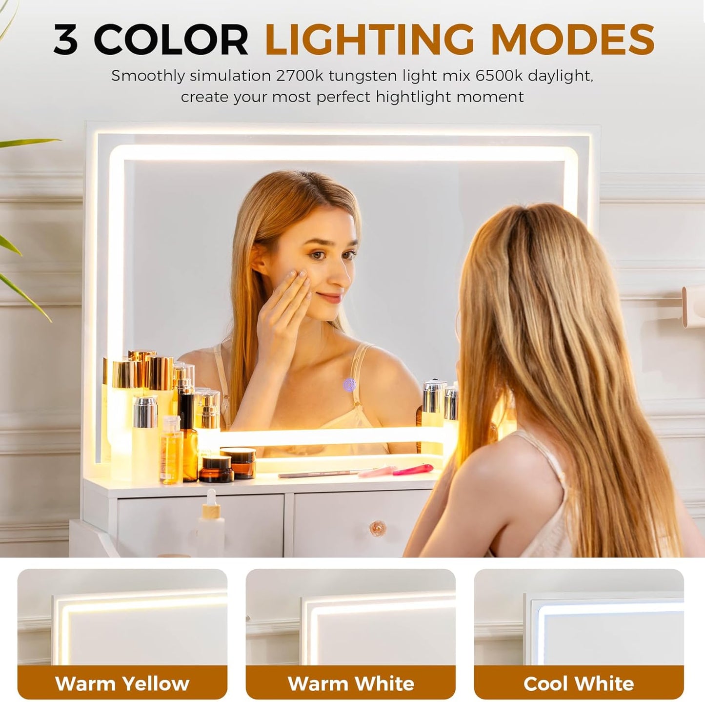 Makeup Vanity Desk with Mirror and Lights, Vanity Table and Chair Set with 5 Drawers and Charging Station, Bedroom Dresser LED Mirror Stepless Dimmable & 3 Color Modes Adjustable, White