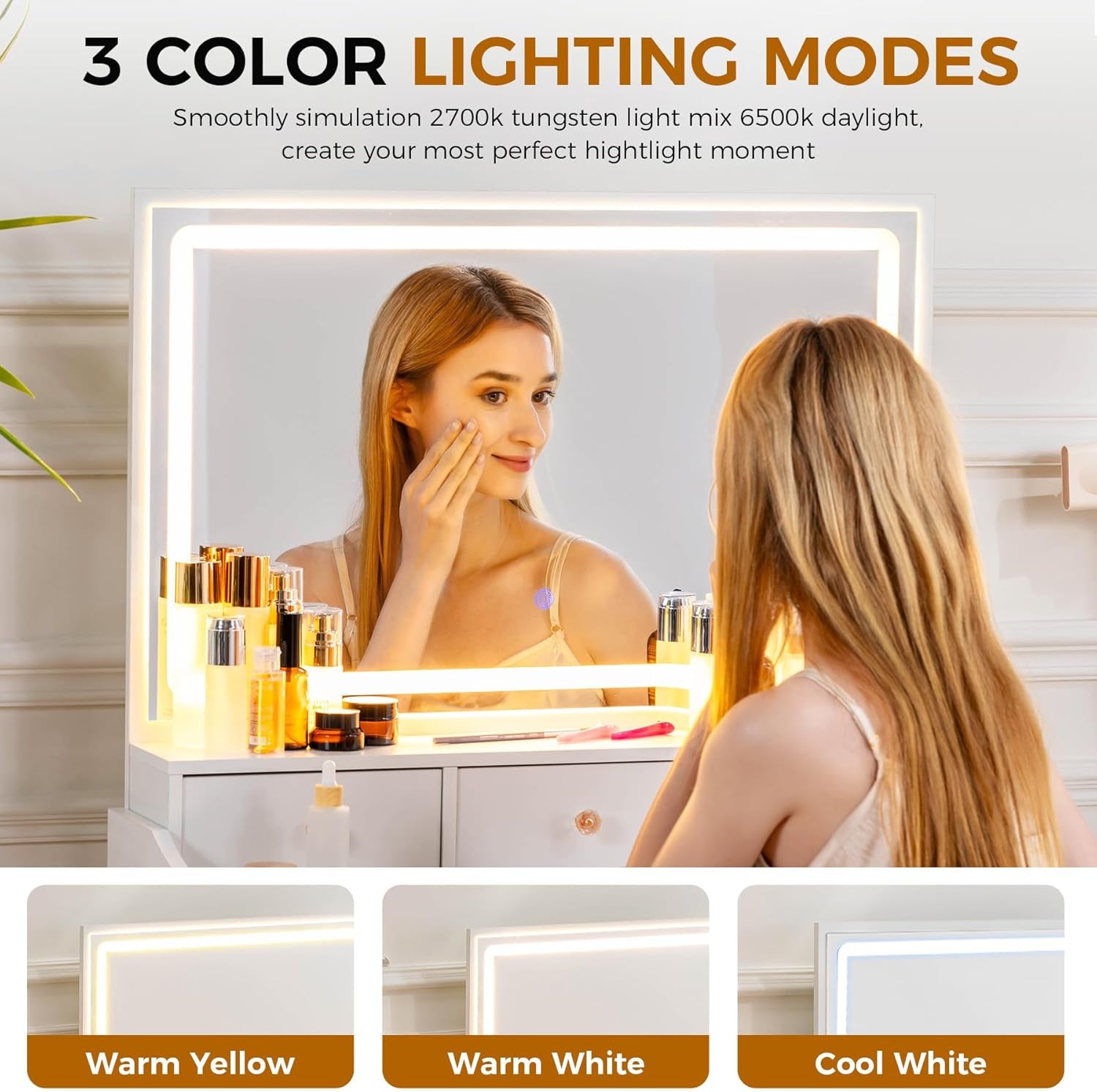 Makeup Vanity Desk with Mirror and Lights, Vanity Table and Chair Set with 5 Drawers and Charging Station, Bedroom Dresser LED Mirror Stepless Dimmable & 3 Color Modes Adjustable, White