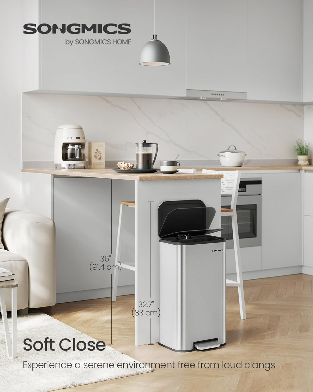 Kitchen Trash Can, 8-Gallon (30 L) Garbage Can with Lid, Stainless Steel, Soft Close and Stays Open, Inner Bucket, Wide Non-Slip Pedal, Metallic Silver ULTB546E01