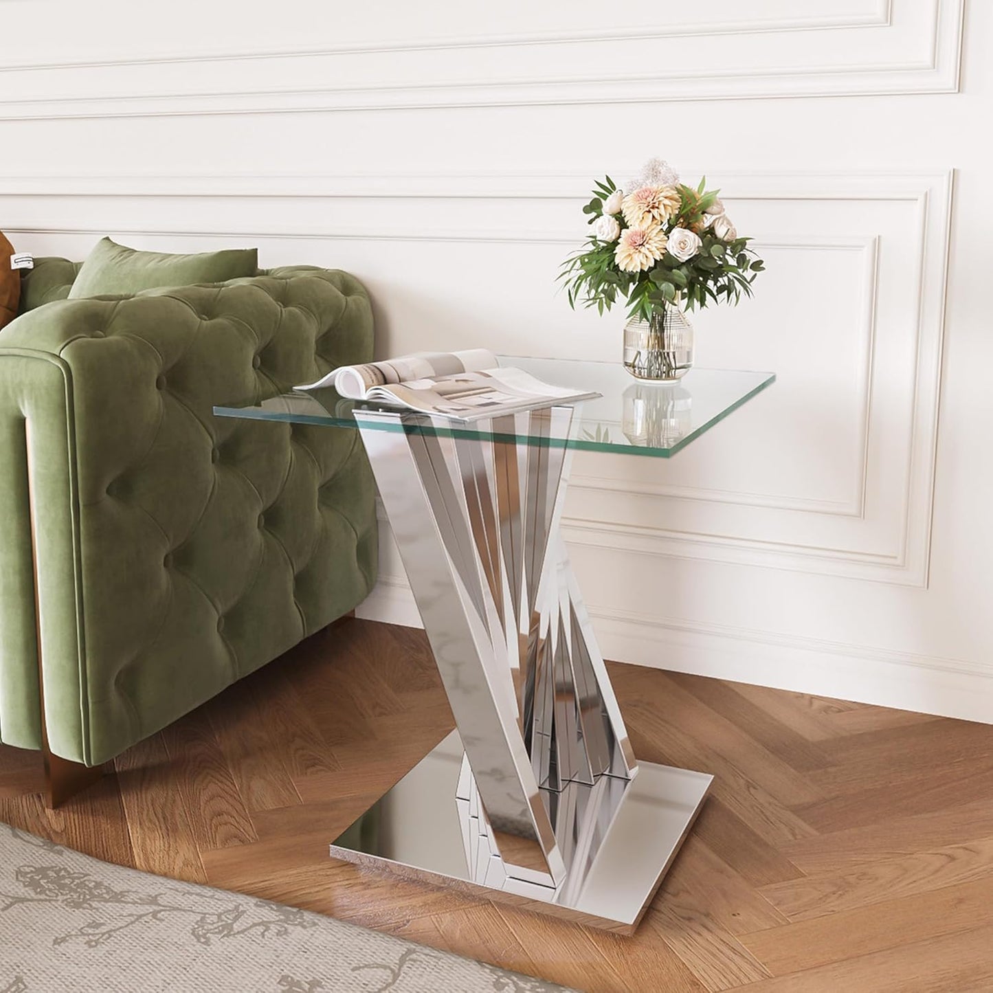 Silver 3 Piece Living Room Table Set with 1 Glass Coffee Table & 2 End Table, 3 Piece Coffee Table Set with Tempered Glass Tabletop and Stainless Steel Pedestal, Easy to Assemble