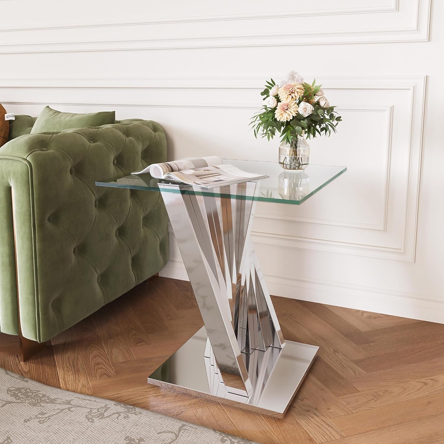 Silver 3 Piece Living Room Table Set with 1 Glass Coffee Table & 2 End Table, 3 Piece Coffee Table Set with Tempered Glass Tabletop and Stainless Steel Pedestal, Easy to Assemble