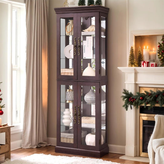 71" Lighted Curio Cabinet with 6 Adjustable Shelves, Vintage Glass Display Case, Tempered Glass Doors, Tall Wine Bar Cabinet for Living Room Liquor Storage, Bulb Included