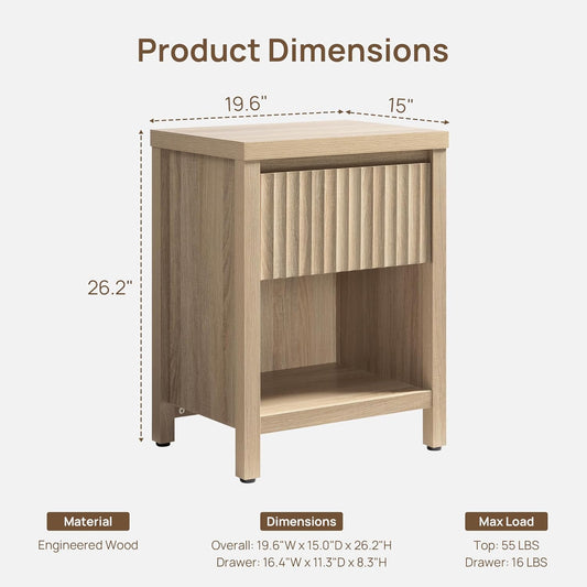 Fluted Night Stand Set of 2, Farmhouse Nightstands with Drawer, Boho Bedside Table with Storage Shelf, Large End Tables Bed Side Tables for Bedroom, Light Oak