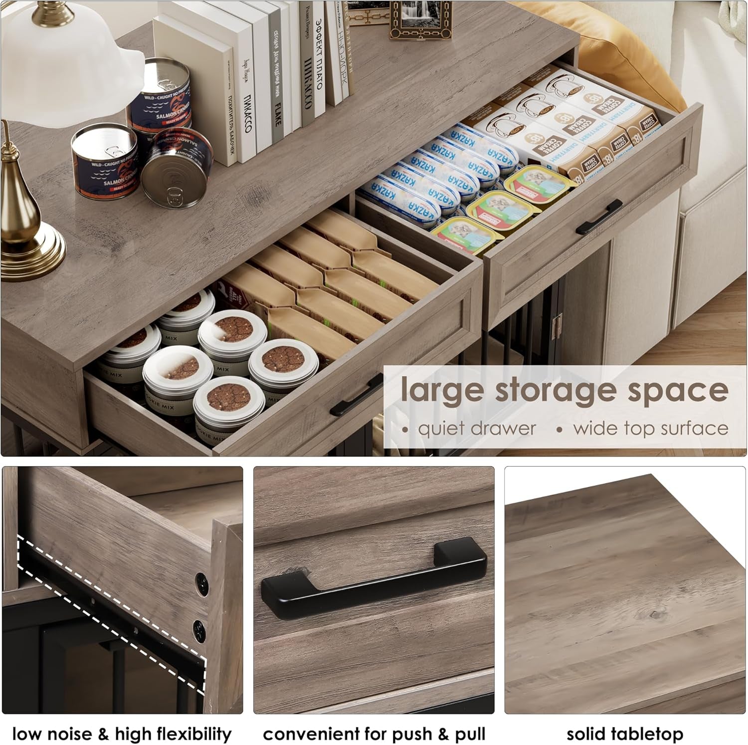 Dog Crate Furniture 47" Wooden Dog Kennels for Dogs Indoor with a Removable Divider for Large/Medium/Small Dogs, 2 Storage Drawers and Large Tabletop Dog Cages Double Doors Dog House, Rustic