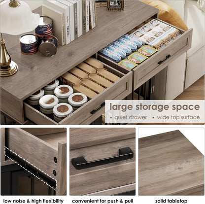 Dog Crate Furniture 47" Wooden Dog Kennels for Dogs Indoor with a Removable Divider for Large/Medium/Small Dogs, 2 Storage Drawers and Large Tabletop Dog Cages Double Doors Dog House, Rustic