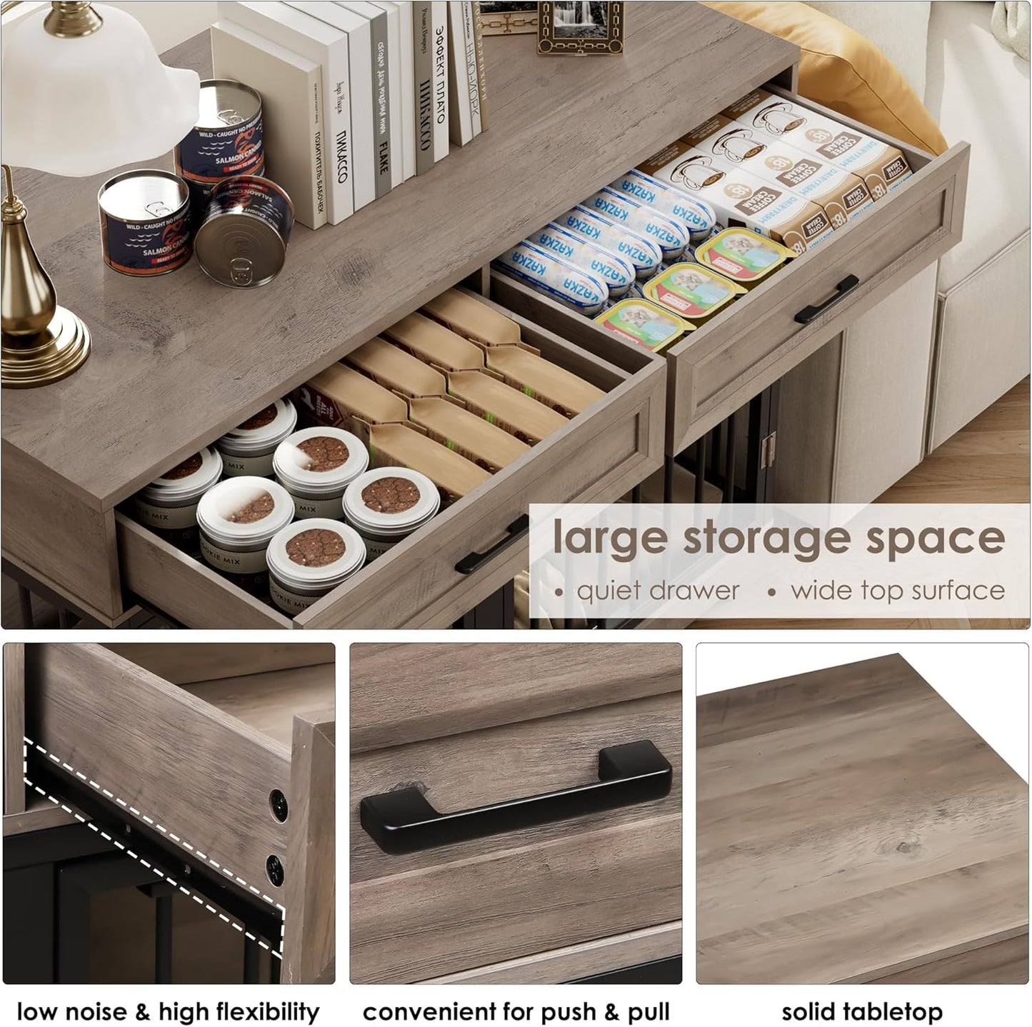 Dog Crate Furniture 47" Wooden Dog Kennels for Dogs Indoor with a Removable Divider for Large/Medium/Small Dogs, 2 Storage Drawers and Large Tabletop Dog Cages Double Doors Dog House, White