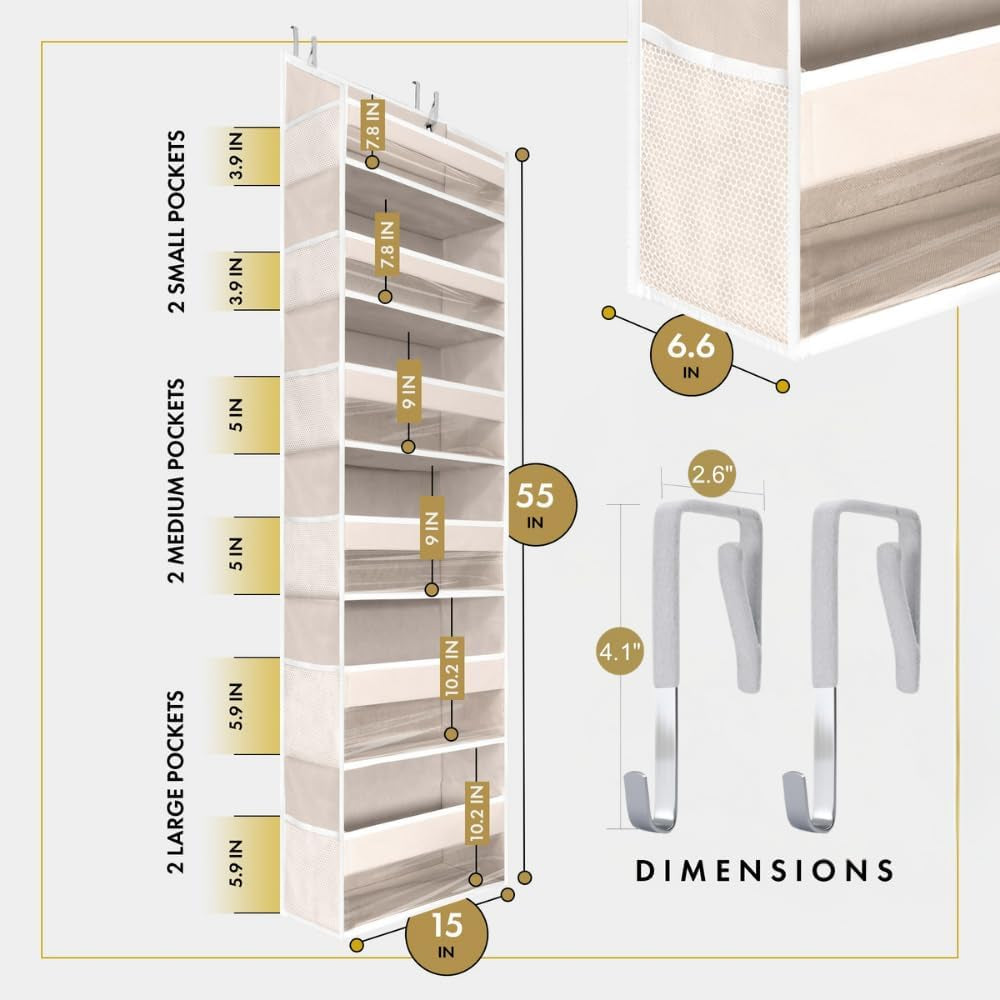 UPGRADED over the Door Organizer Hanging - 100D EXTRA THICK & 50Lbs HUGE CAPACITY 6 Large Front & 12 Side Pockets, over the Door Shoe Organizer, Hanging Closet Organizer (Ivory, 1Pc)