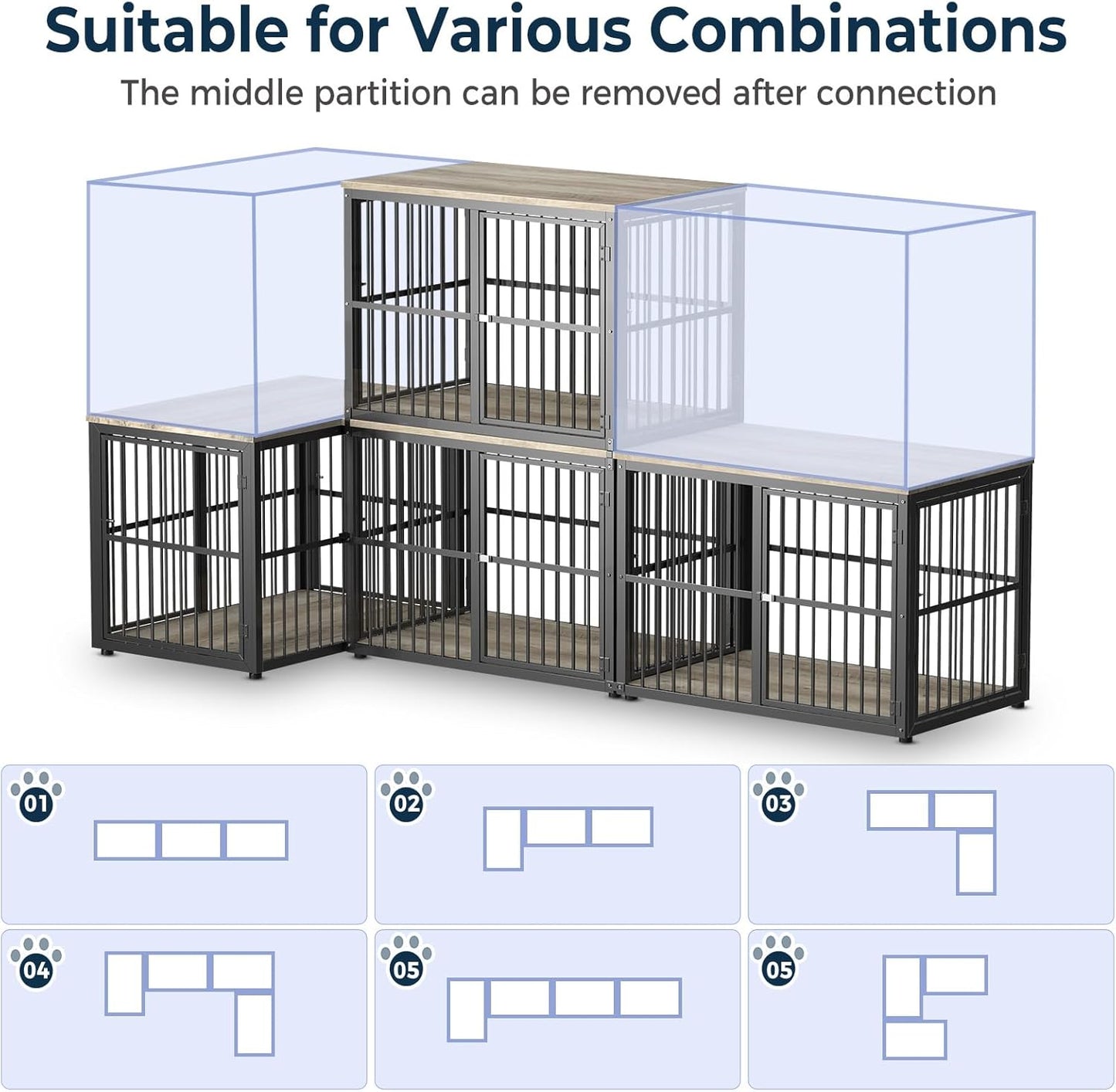 43'' Stackable Dog Crate Furniture Large Breed with Double Rooms,Wooden Dog Crate Heavy Duty Dog Kennel Indoor with Removable Divider for Small to Medium Dogs, Can Use Separately