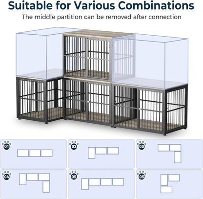86.62'' Dog Crate Furniture Large Breed TV Stand with Double Rooms for 2 Large Medium Dogs, Wooden Indoor Kennel Crate Cage End Table with Removable Divider, Can Use Separately, Natural Beech