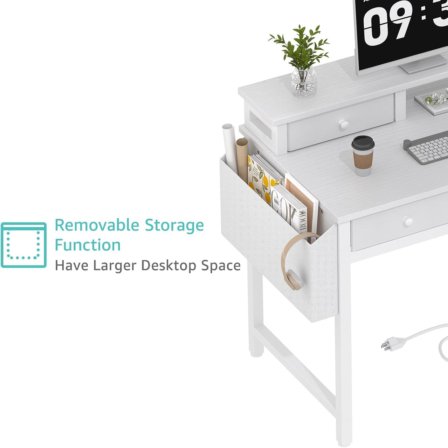 White Computer Desk with Fabric Drawers for Home Office, 40 Inch Vanity Makeup Desk with Drawers Storage for Bedroom, Writing Study Table with Power Outlet & Monitor Stand, White