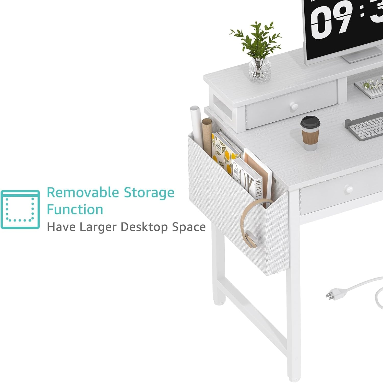 White Computer Desk with Fabric Drawers for Home Office, 40 Inch Vanity Makeup Desk with Drawers Storage for Bedroom, Writing Study Table with Power Outlet & Monitor Stand, White