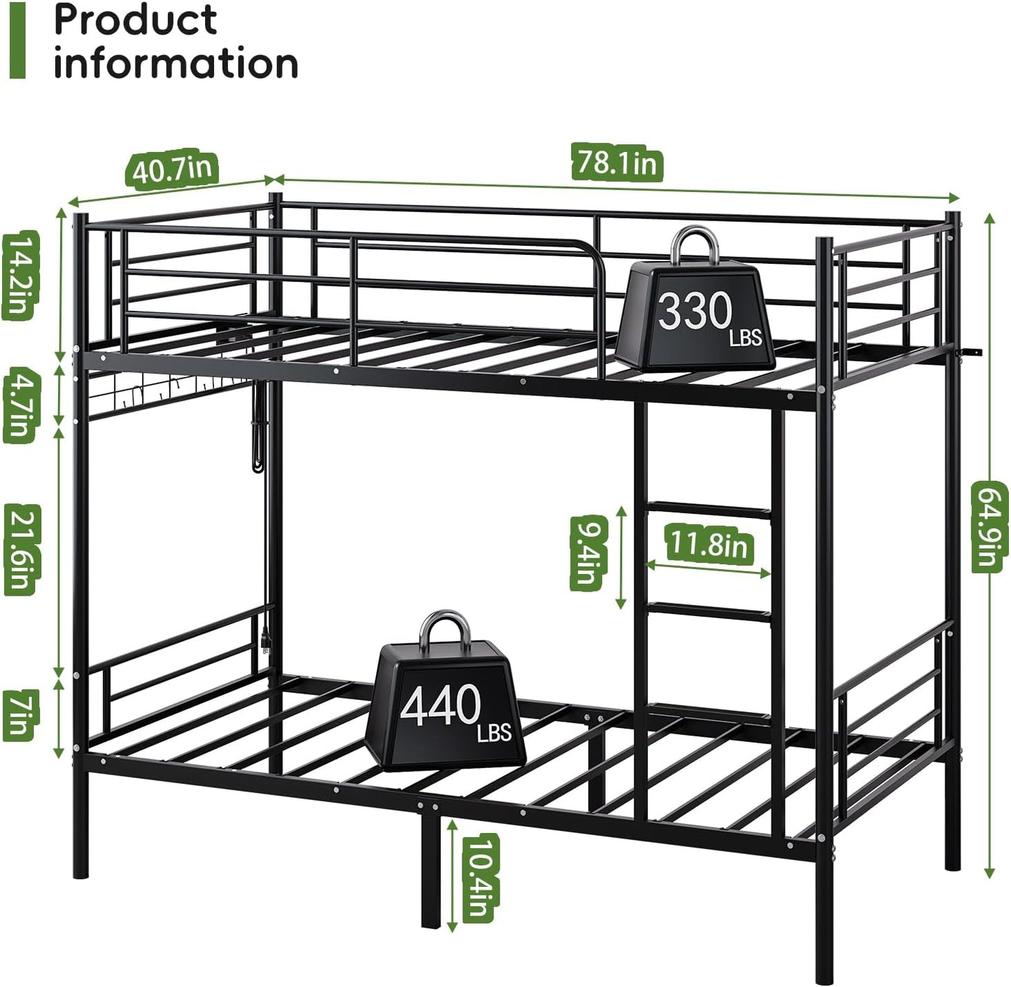 Bunk Bed Twin over Twin,Metal Bunk Beds with Power Outlet and LED Lights,Heavy-Duty Safety Rails Ladder,Space-Saving Design with Storage Hooks,440Lbs Capacity for Adults,Black