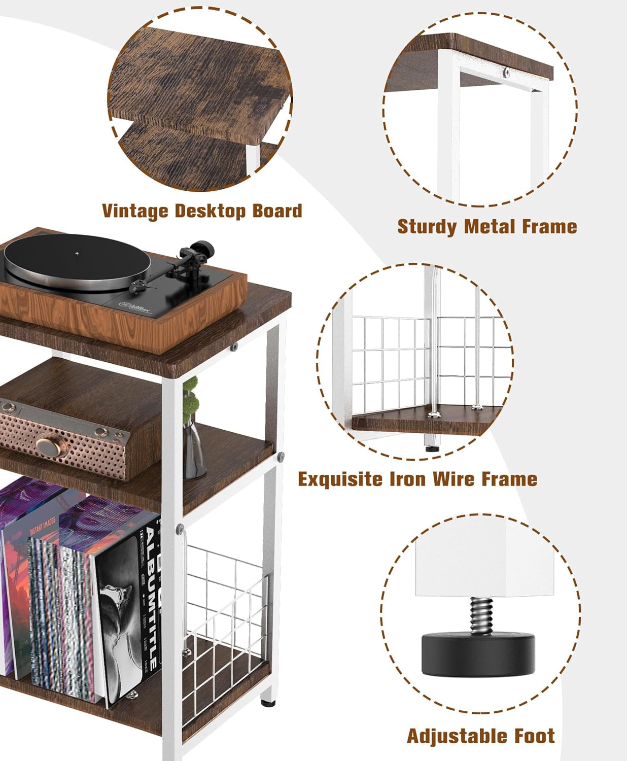 Record Player Stand, 3 Tier Side End Table with Vinyl Record Storage Basket, Turntable up to 100 Albums Record Shelf Display Holder Cabinet for Living Room, Bedroom, Office, White
