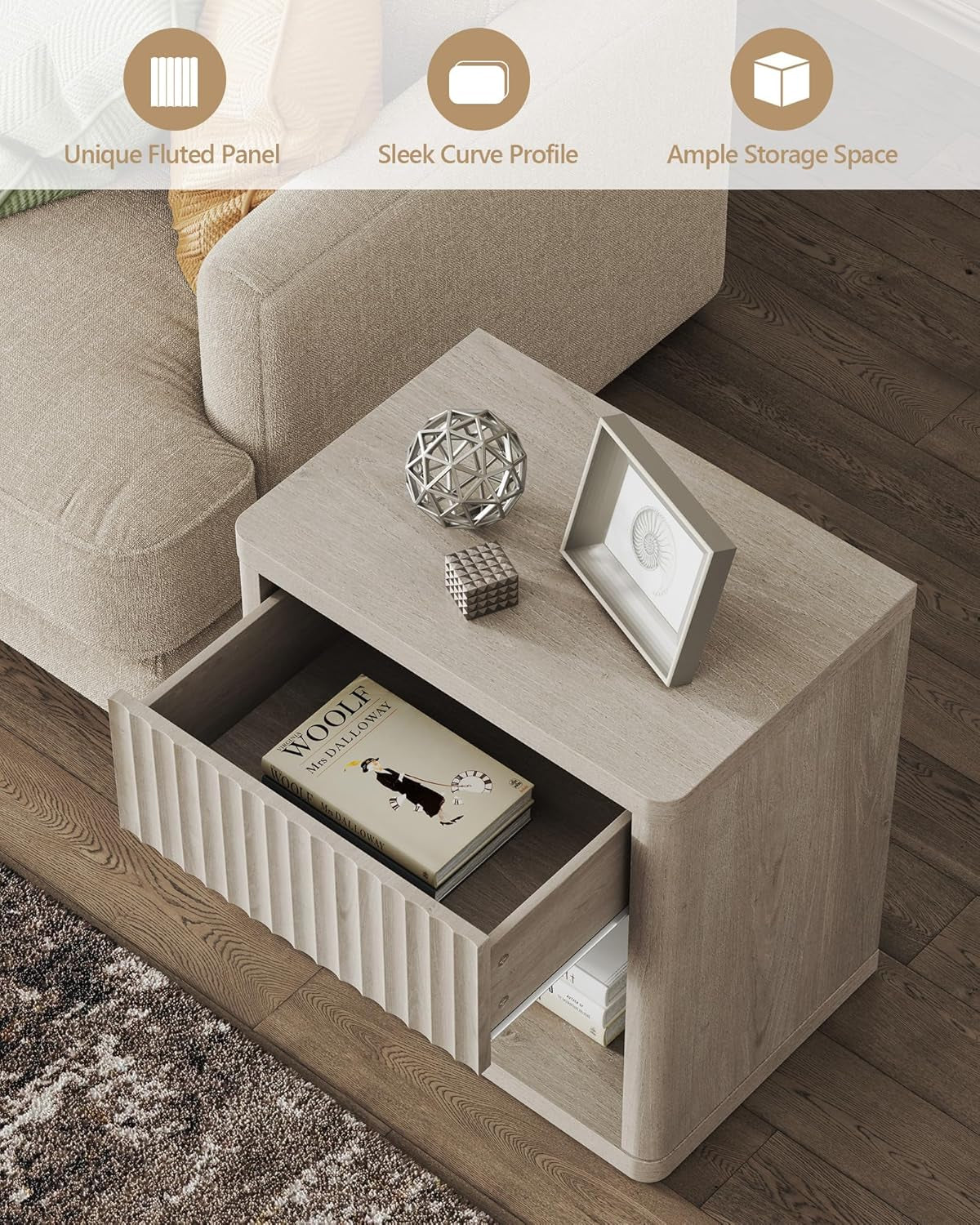 Night Stand Set of 2 Nightstands with Drawer Storage Fluted Bed Side Table End Table Large Modern Wide Bedside Stand Mid Century Night Stands for Bedroom Living Room Sofa Office, White Alder