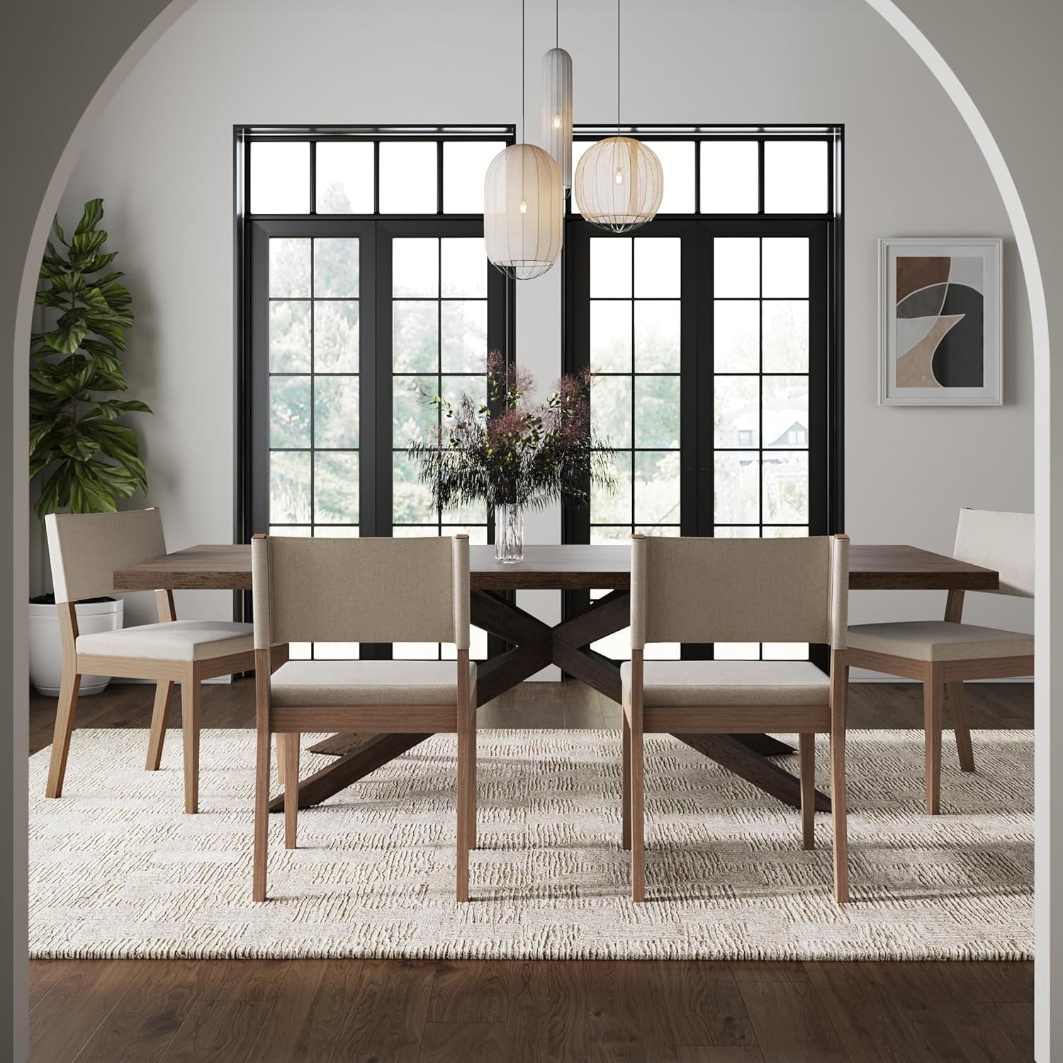Linus Modern Upholstered Dining Chair with Solid Rubberwood Legs in a Wire-Brushed Light Brown Finish, Natural Flax/Brown