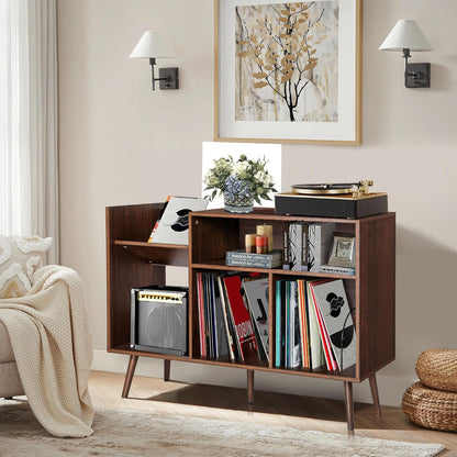 Large Record Player Stand, Mid-Century Vinyl Record Storage Table with Wood Legs and Record Storage, Modern Turntable Stand Holds up to 300 Albums for Studio, Living Room, Bedroom (Walnut)