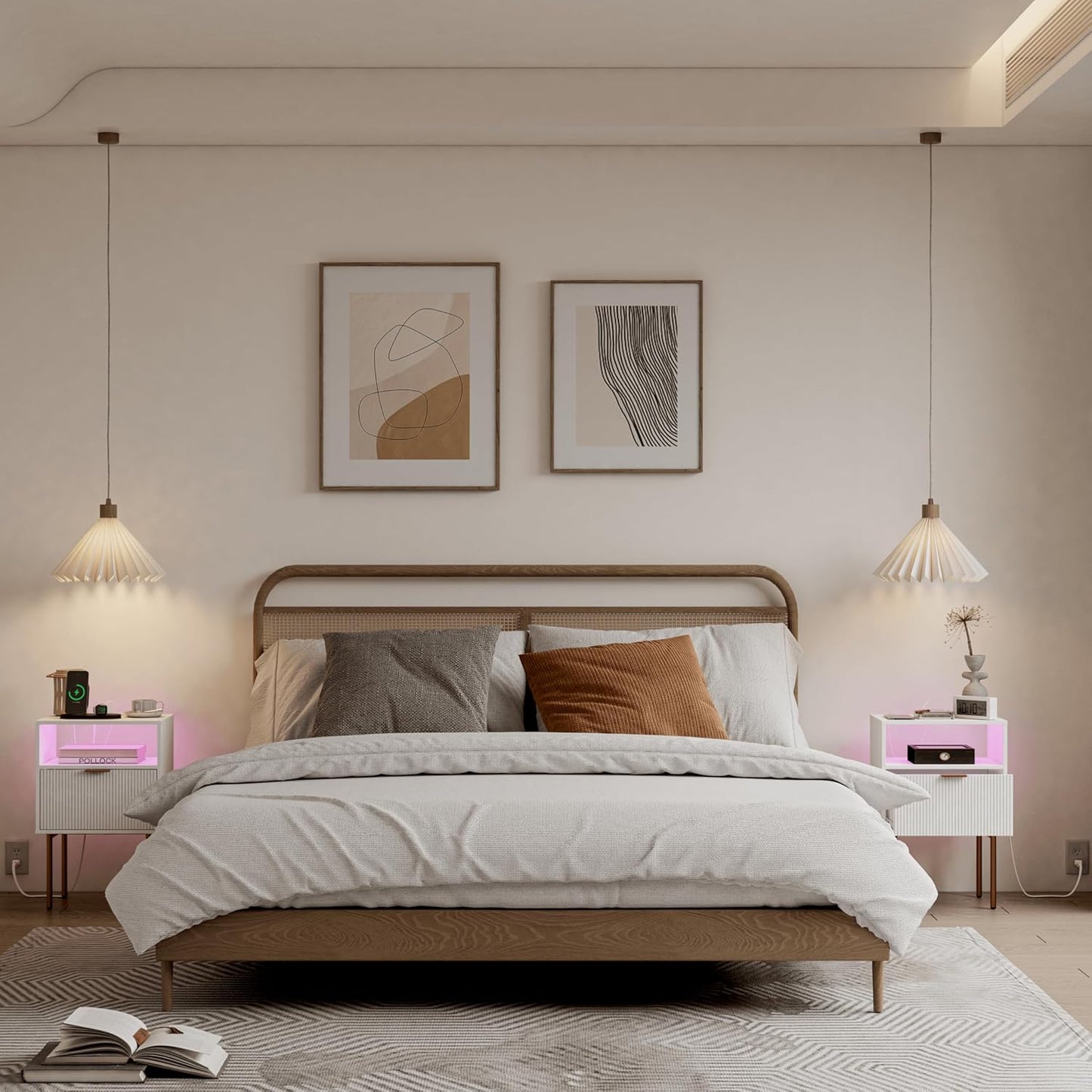 Modern Nightstand with Charging Station and LED Lights, White Bedside Table with Drawer, Fluted Side Table for Living Room, Bedroom