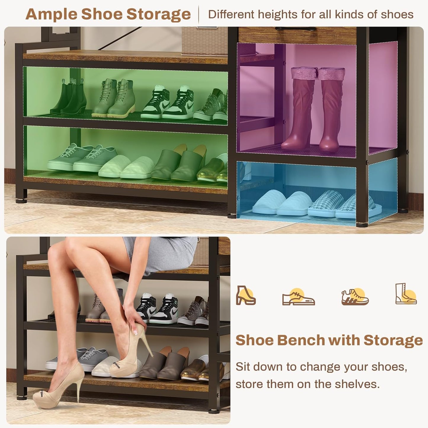 Hall Tree with Bench and Shoe Storage, 7-In-1 Entryway Bench with Coat Rack, 3 Storage Cubbies, 3 Open Shelves, 17 Coat Hooks, 2 Fabric Drawers (Rustic Brown)