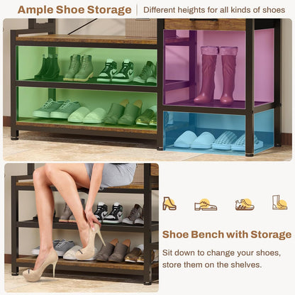Hall Tree with Bench and Shoe Storage, 7-In-1 Entryway Bench with Coat Rack, 3 Storage Cubbies, 3 Open Shelves, 17 Coat Hooks, 2 Fabric Drawers (Rustic Brown)