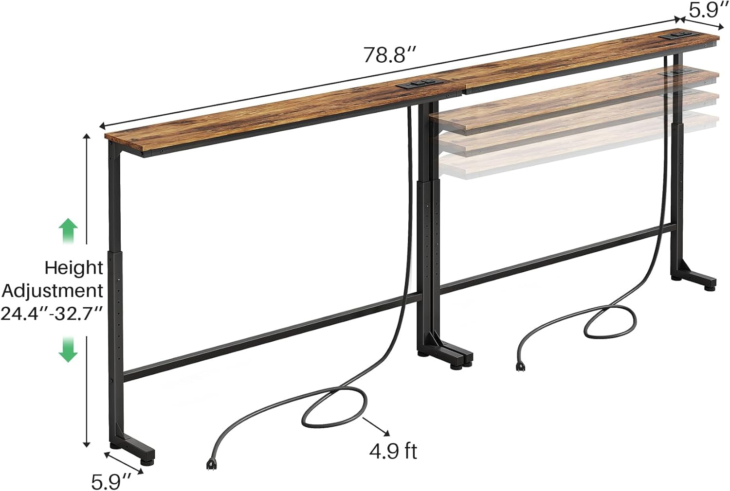 2-Pack Narrow Console Table with Adjustable Height (25"-33") & 2 Power Outlets, Skinny behind Couch Table, 78.8" Long X 5.9" Wide Sofa Side Table for Living Room, Rustic Brown | 2-Pack, behind Sofa Couch
