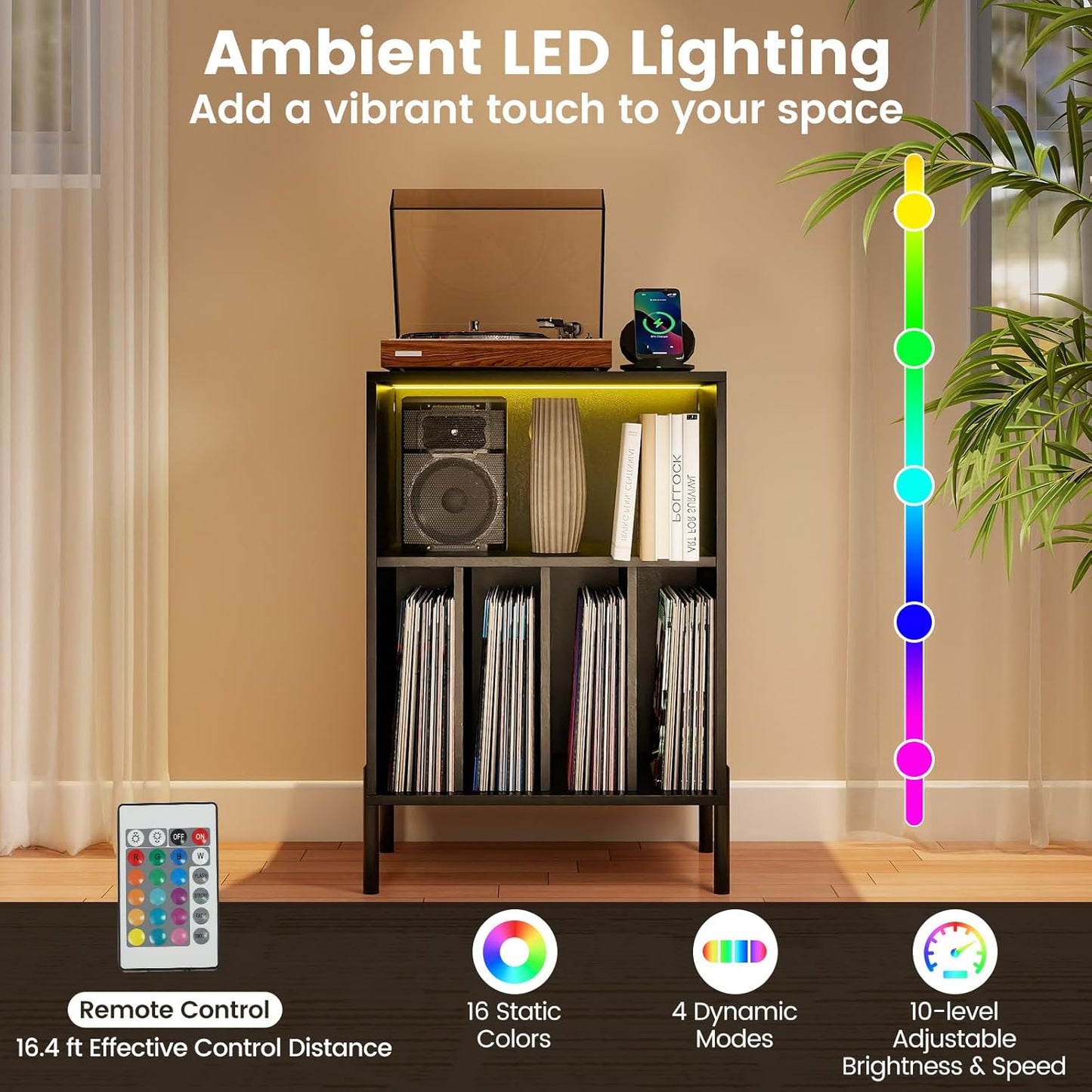 Record Player Stand with LED Lights & Charging Station, Turntable Stand with Record Holder, Record Player Table with Metal Legs, Vinyl Record Storage for Living Room, Music Room, Black