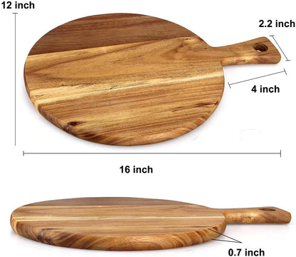 Acacia Wood Cutting Board with Handle Wooden Chopping Board round Cutting Boards for Kitchen Decor Large Charcuterie Board Tray Teak Meat Cheese Board Bread Serving Platter Butcher Block Pizza Board