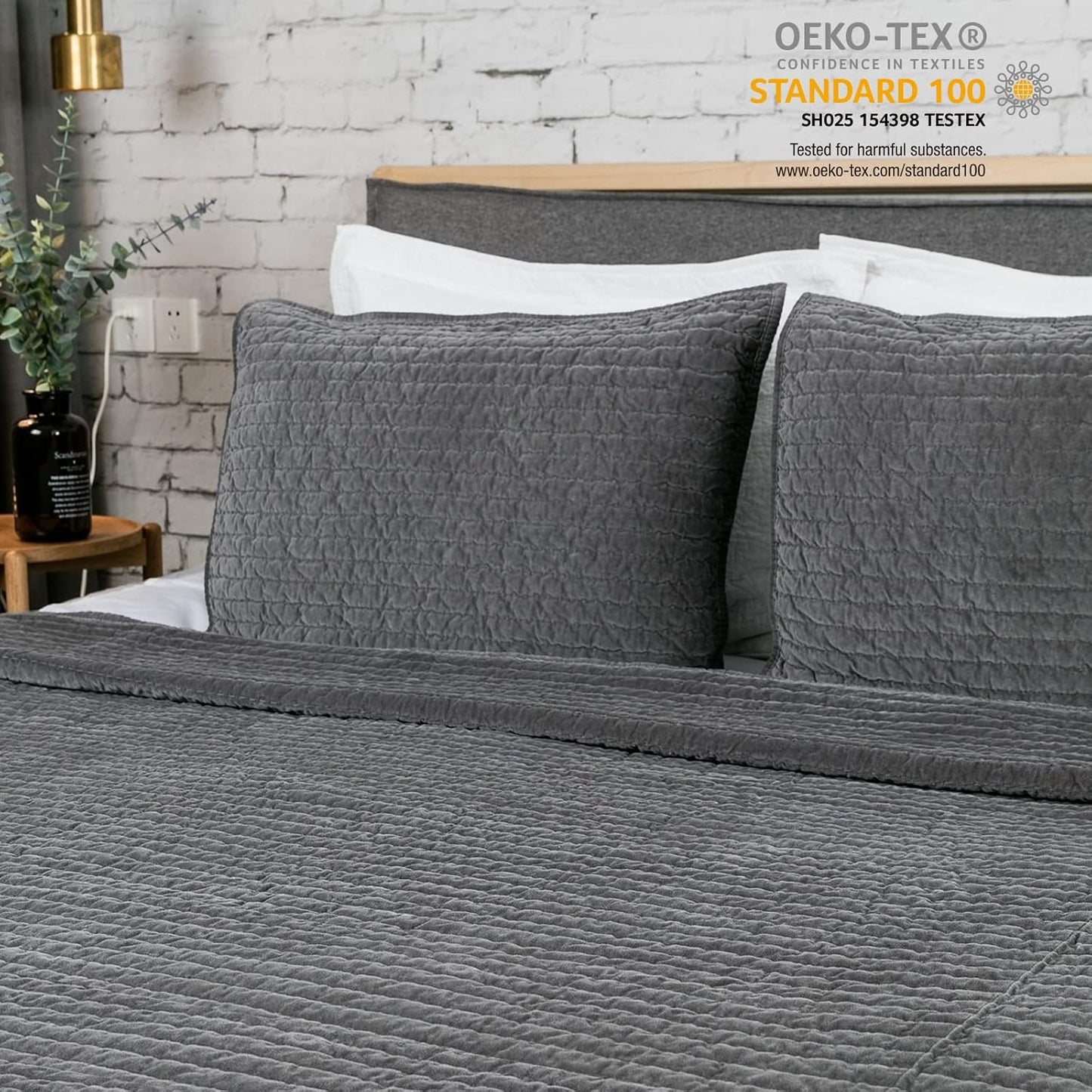 Bed Pillow Sham Royal Cotton Velvet Pic-Stitch Standard Pillow Sham - 20'' X 26'', Grey, 1 Piece