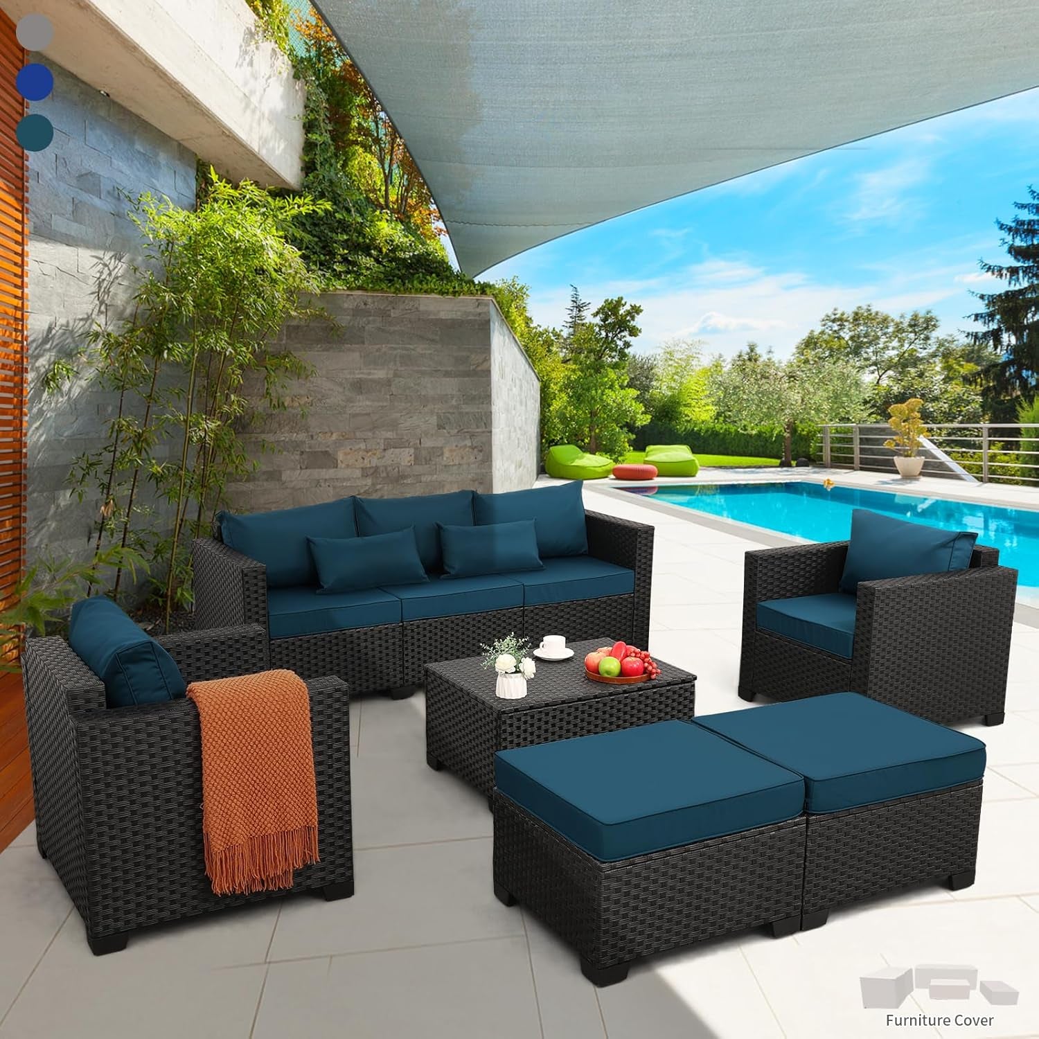 Patio Furniture Set 6 Pieces Couch Outdoor Chairs Coffee Table Peacock Blue Anti-Slip Cushions and Waterproof Covers