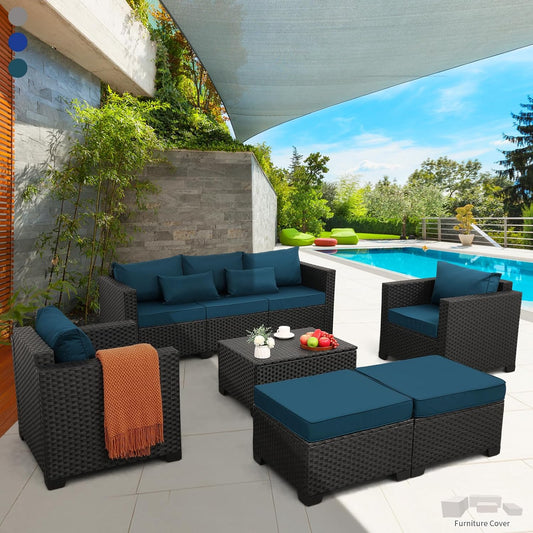 Patio Furniture Set 6 Pieces Couch Outdoor Chairs Coffee Table Peacock Blue Anti-Slip Cushions and Waterproof Covers